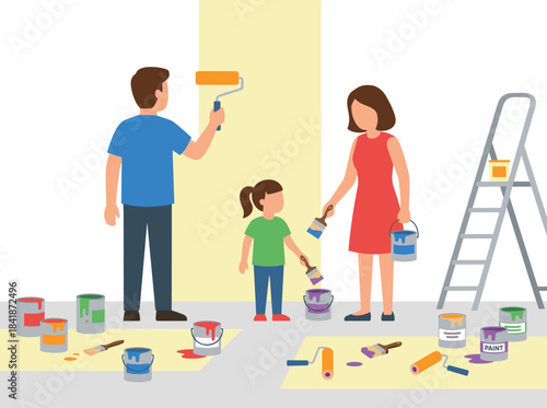 A family repairs their home together, with mother, father, and child painting a wall in their apartment, happily redecorating the room with paint and a roller, depicted in a flat vector illustration