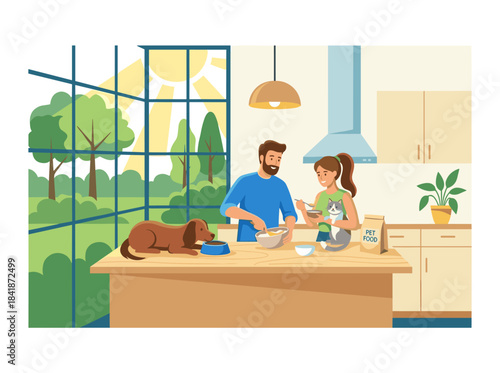 A young couple’s everyday routine shows a husband and wife sharing a cute family scene with cats in the kitchen, as the man cooks breakfast or lunch, all illustrated in flat vector style
