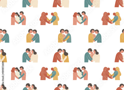 A seamless pattern featuring affectionate couples, with a white background backdrop of cuddling romantic pairs or hugging men and women, hand‑drawn for textile prints and wrapping paper