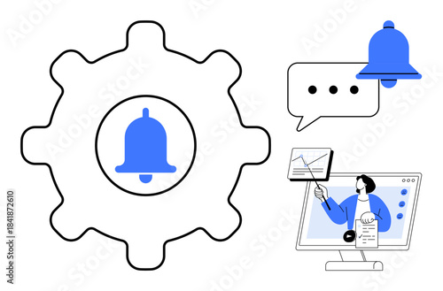 Notification settings. Notification bell inside a gear alerts and customization. Notification management for user experience, communication, task organization, productivity tools
