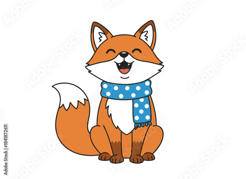 A humorous fox wearing a warm scarf, illustrated in flat vector style, sits as a cute forest creature with a fluffy tail, sporting a winter accessory against a white background