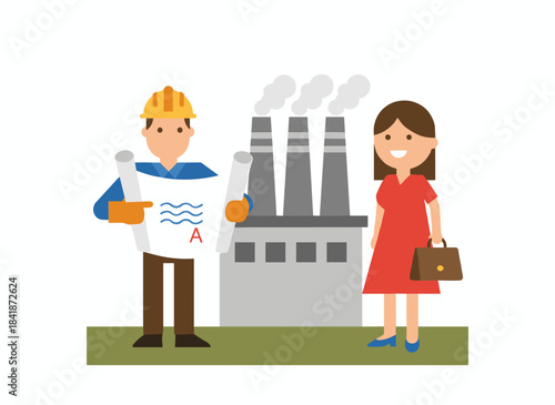 An elderly architect and a male engineer discuss a project plan in a flat vector illustration, while professional colleagues converse at an isolated construction site, highlighting collaborative