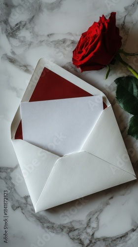 A Red Rose and Envelope on Marble Background