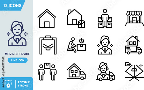 Clean service worker icon rendered in a modern blue line style depicts a professional individual with sparkles indicating cleanliness and high standards suitable for moving service applications or ge