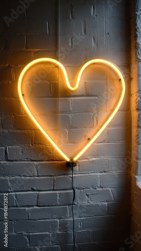 Bright Neon Heart Shining on White Brick Wall