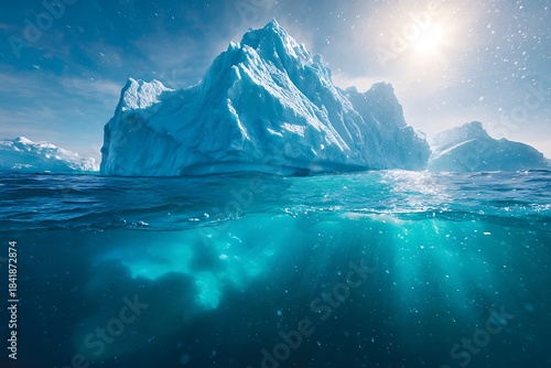 Wallpaper Mural Split-level view of massive Antarctic iceberg under bright sun, showing the hidden underwater part, symbolizing hidden dangers, climate crisis, and the unknown Torontodigital.ca