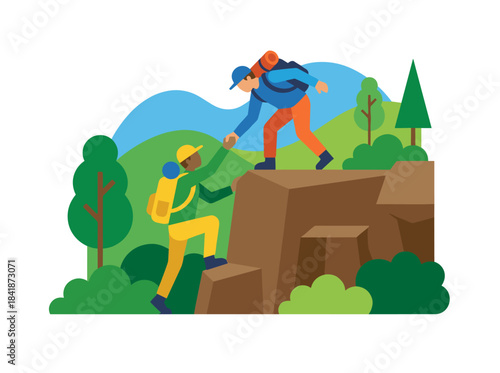 Illustration of a hiker on a rock with a friend offering a hand while climbing a mountain cliff, featuring tourists on a nature adventure, presented as a flat vector graphic on a white background