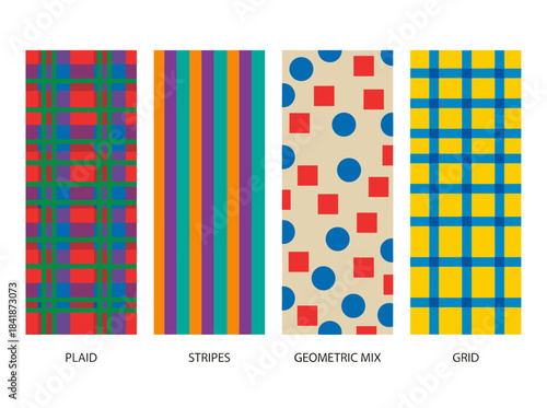 A set of seamless checkered and striped patterns, hand‑drawn geometric prints and grids, modern trendy backgrounds, abstract textures for textiles and wrapping, all rendered in colored flat vector