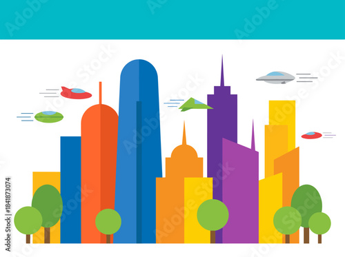 Flat illustration of a futuristic city, featuring a modern urban skyline with advanced traffic, designed as a web banner