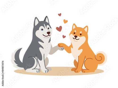 Adorable dog and cat exchanging a high five, trained pets greeting with paws, friendly canine and feline companions, cheerful kitten and puppy, flat vector illustration on a white background