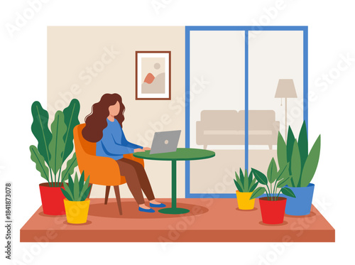 A cheerful woman sits on a balcony with her laptop, working remotely as a freelancer in a summer home office, depicted in a flat vector illustration on a white background