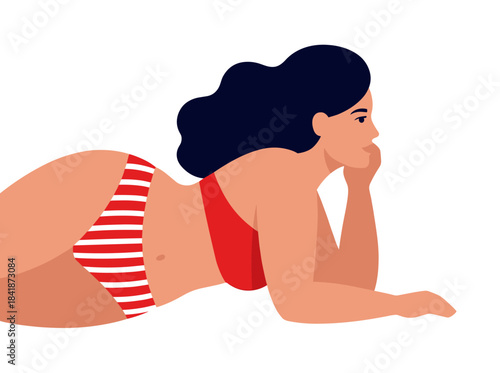 A plus‑size brunette in swimwear, a plump Caucasian woman in beach attire, a body‑positive young lady in red striped underwear, all rendered as a flat vector cartoon isolated on a white background