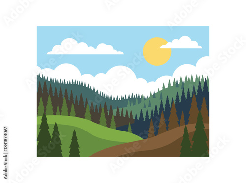 Flat vector illustration of an evergreen fir forest landscape, showcasing a coniferous woodland filled with green spruces and a panoramic view of nature in the countryside