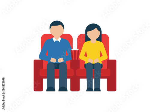 A young couple of friends watches a film in an empty cinema hall, spending time together in a romantic date setting, depicted as a flat vector cartoon portrait
