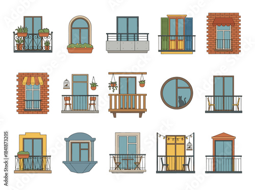 A set of balconies featuring building facade elements in both vintage and modern styles, rendered as a flat vector illustration
