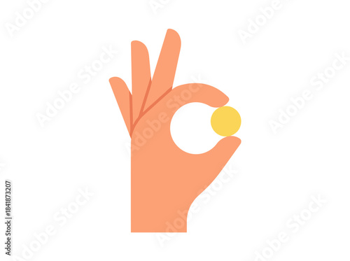 An illustration of a hand holding a gold coin, making an OK gesture, symbolizing financial perks like bonuses, cashback, gifts, aid, and charity, all in cash, rendered as a flat vector on a white