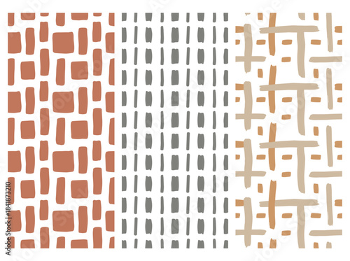 Modern-style seamless abstract patterns featuring doodle stripes, scribble lines, crosshatch prints, and endless textures suitable for textiles, wallpaper, and wrapping, rendered as hand‑drawn vector