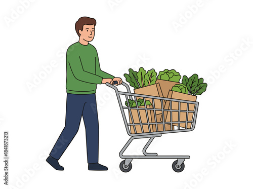 A man pushes a shopping cart full of grocery bags, walking with a supermarket trolley, depicted as a flat vector illustration of a shopper isolated on white