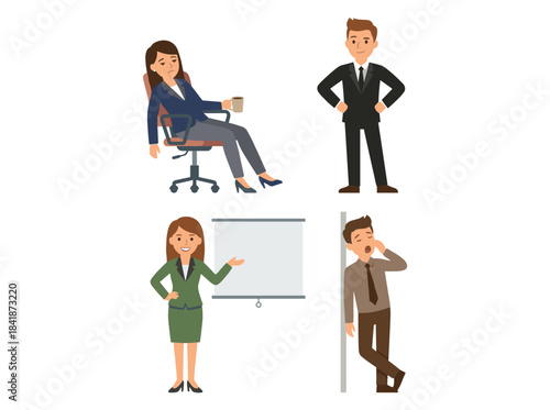 Male and female office workers are dozing at their desks, catching an angry boss off guard, depicted in a vibrant flat illustration