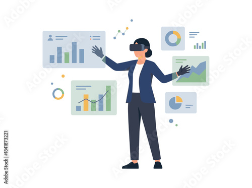 A modern woman in futuristic glasses works with business data in virtual reality using a VR headset, shown in a colored flat cartoon vector illustration of people and AR on a white background