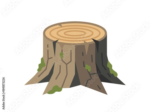 Illustration of a cut tree stump in vector style, depicting a cartoonish trunk section from a felled forest, showing remaining wood used for firewood and woodworking, with a dry tree stub set against