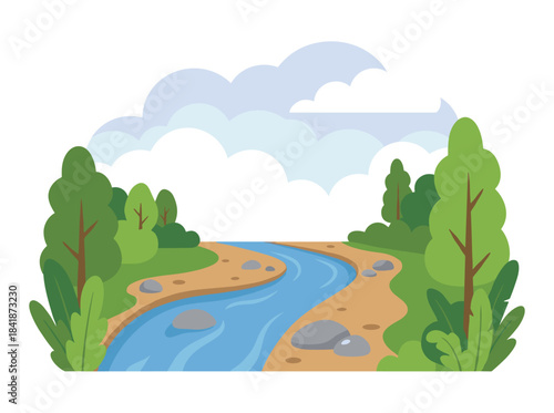A flat vector illustration of a natural landscape featuring a forest river with a freshwater stream winding through green trees, set in a summer scene with sand and plants, isolated on a white