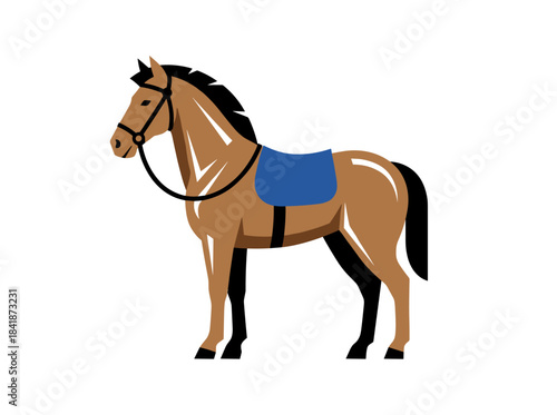 A side‑view illustration of an elegant thoroughbred stallion, bridle and saddle pad on a white background, depicted in flat vector style with a protective shabrack