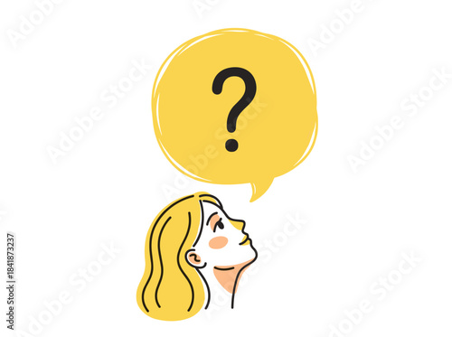 A hand‑drawn portrait of a young woman’s head, featuring a thought bubble with a question mark, depicting her contemplatively solving problems and answering inner questions