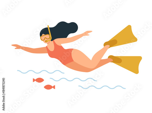A woman snorkeler explores underwater with a mask and breathing tube, swimming beneath the sea surface in a summer marine activity, illustrated as a flat vector on a white background