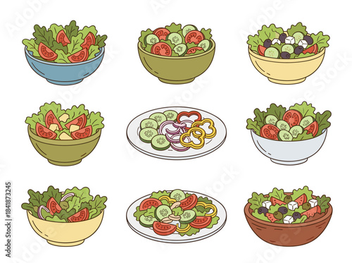 A hand‑drawn, monochrome vector illustration of various salads—Tabbouleh, Nicoise, Caesar, Waldorf, and fruit—served on plates and bowls, depicted with contour lines against a white background