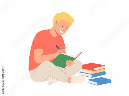 A cheerful boy sits with an open book in his hands, reading while surrounded by a stack of textbooks, depicted as a colorful flat cartoon vector illustration of a smart child against a white