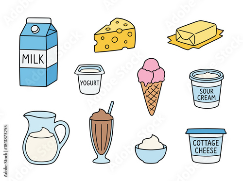 Hand‑drawn dairy items including cheese, milkshake, butter, yogurt, cottage cheese, sour cream, desserts, and a cow, presented as a colorful vector illustration on a white background