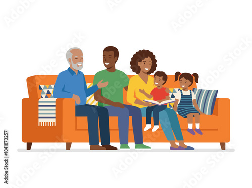 A cheerful LGBT family with children sits on a sofa against a white backdrop, with parents enjoying time with their son and daughter in a flat cartoon vector illustration