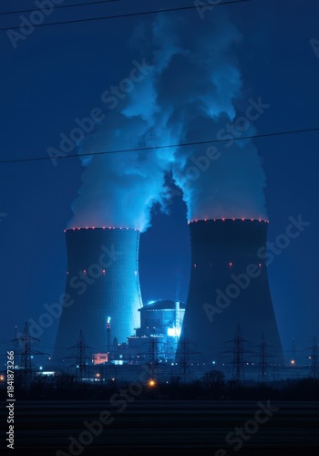 Massive nuclear plant generating intense blue electric energy flowing through extensive high-voltage transmission lines across the landscape ,blue light, landscape, reactor