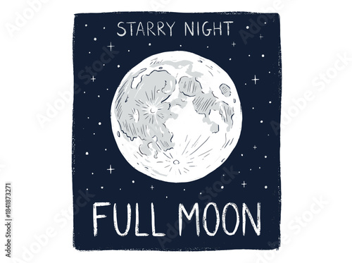 Full moon with lunar craters in outer space, depicted as a hand‑drawn vector logo on a black background