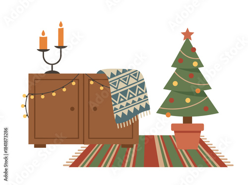 A festive scene featuring a Christmas tree and home ornaments: a fir adorned with baubles, candles on a cabinet, and garland, along with holiday decorations and a New Year ornament in a cozy house