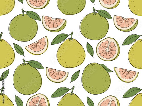 A seamless, outlined pattern of yuzu fruit and leaves on a white background, featuring an endlessly repeatable engraved texture of Japanese citrus in a vintage style, rendered as a hand‑drawn vector