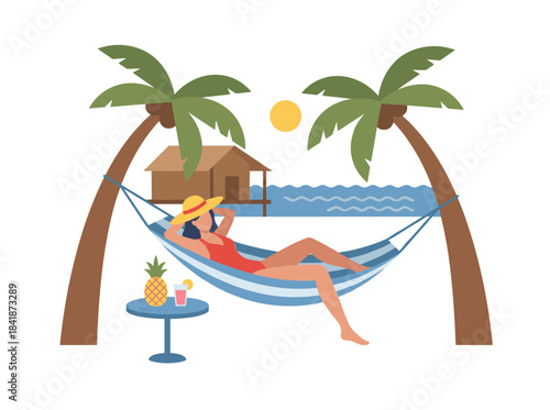 A woman lounges in a hammock on a beach at a seaside resort during a summer vacation