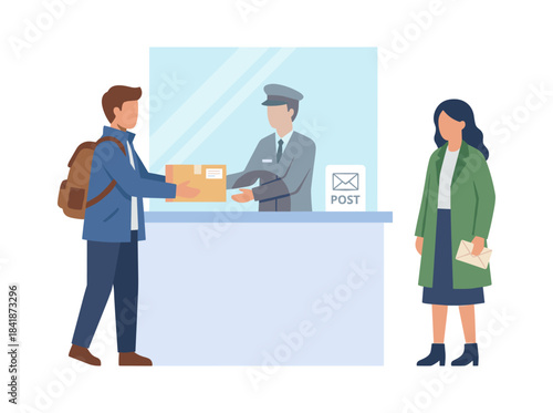 In a post office, customers and staff gather behind the reception desk, while a client sends a letter and receives a parcel at the counter, all depicted in a flat vector illustration on a white
