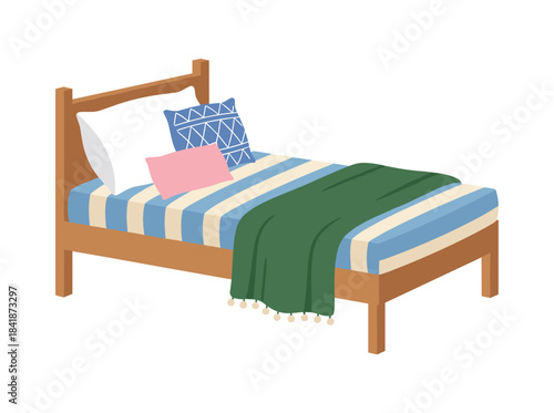 A wooden double bed adorned with pillows, cushions, and a blanket, offering comfortable wooden furniture for sleeping in a home bedroom with a sheet-covered mattress and duvet, depicted as a flat