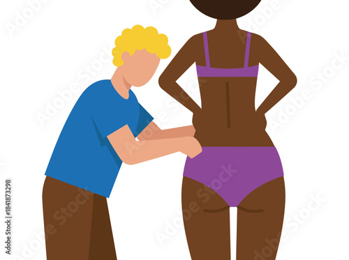 A couple of lovers is dressing, with a happy man and woman putting on clothes and apparel, while girlfriends and boyfriends stand and get dressed in a flat graphic vector illustration on a white