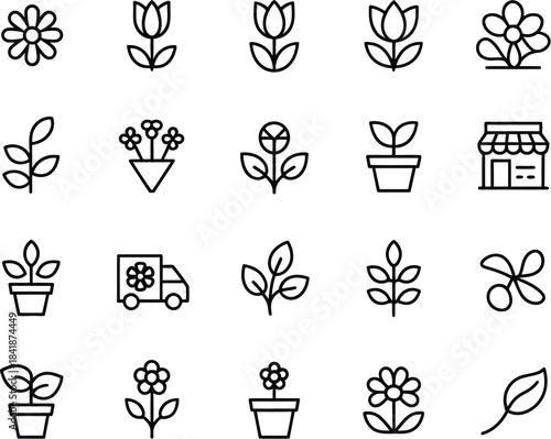 A diverse collection of elegant outline vector icons depicting various flowers, potted plants, and gardening-related symbols, perfect for web design and botanical themes