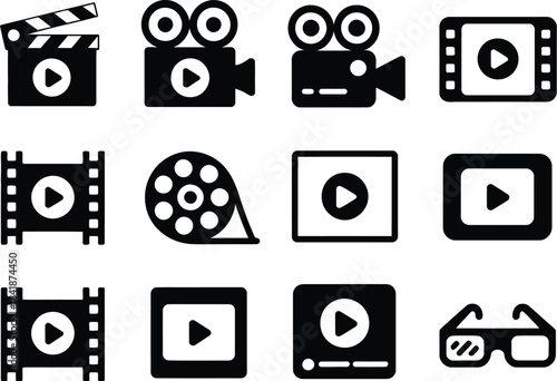 Collection of various video and film icons including play buttons, cameras, film reels, and 3D glasses