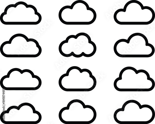 A collection of stylized black outline cloud icons, perfect for weather graphics, digital UI, web design, and atmospheric concepts, offering a modern and clean visual element