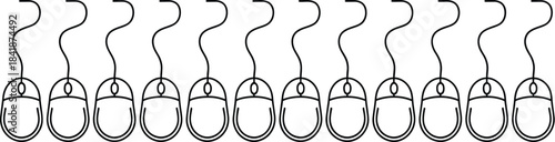 A row of computer mice with cables forms a digital pattern, symbolizing connectivity and technology
