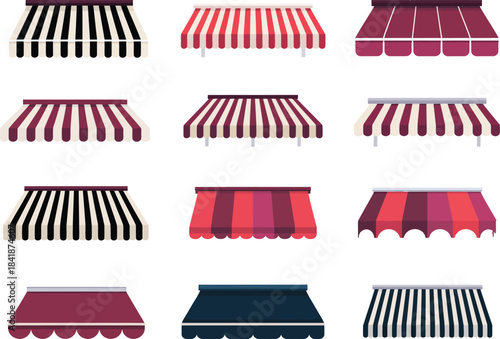 A vibrant collection of various striped awnings and shop canopies, ideal for enhancing storefronts, outdoor cafes, and charming architectural designs