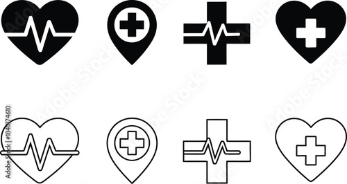 Set of medical icons including heart rate, location pin, and cross symbols on a white background