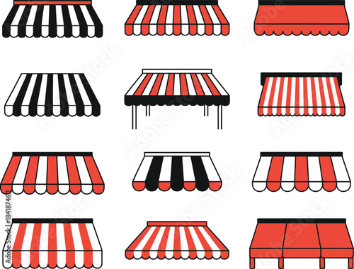 Collection of vintage storefront awnings in various striped patterns and colors, illustrating architectural design