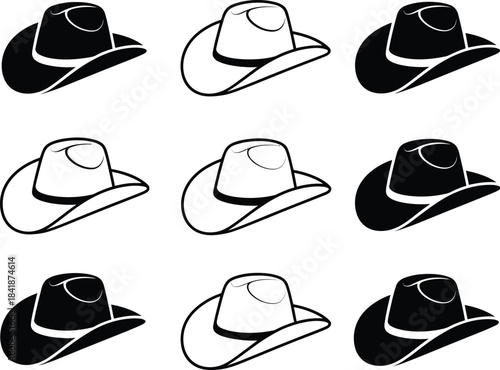 A collection of nine stylized cowboy hat illustrations in a grid, featuring both solid black and outline versions, representing classic western headwear designs and vintage American culture