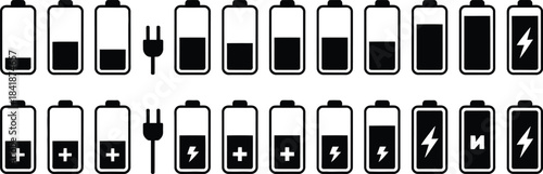 Comprehensive collection of battery charge level indicators and charging status icons, showcasing various power states from full to empty and active energy input for electronic devices